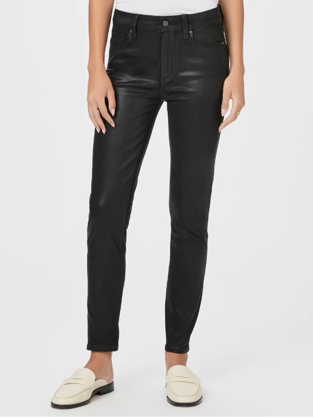 PAIGE Hoxton Ankle Skinny Jeans featuring a leather-like Black Fog Luxe